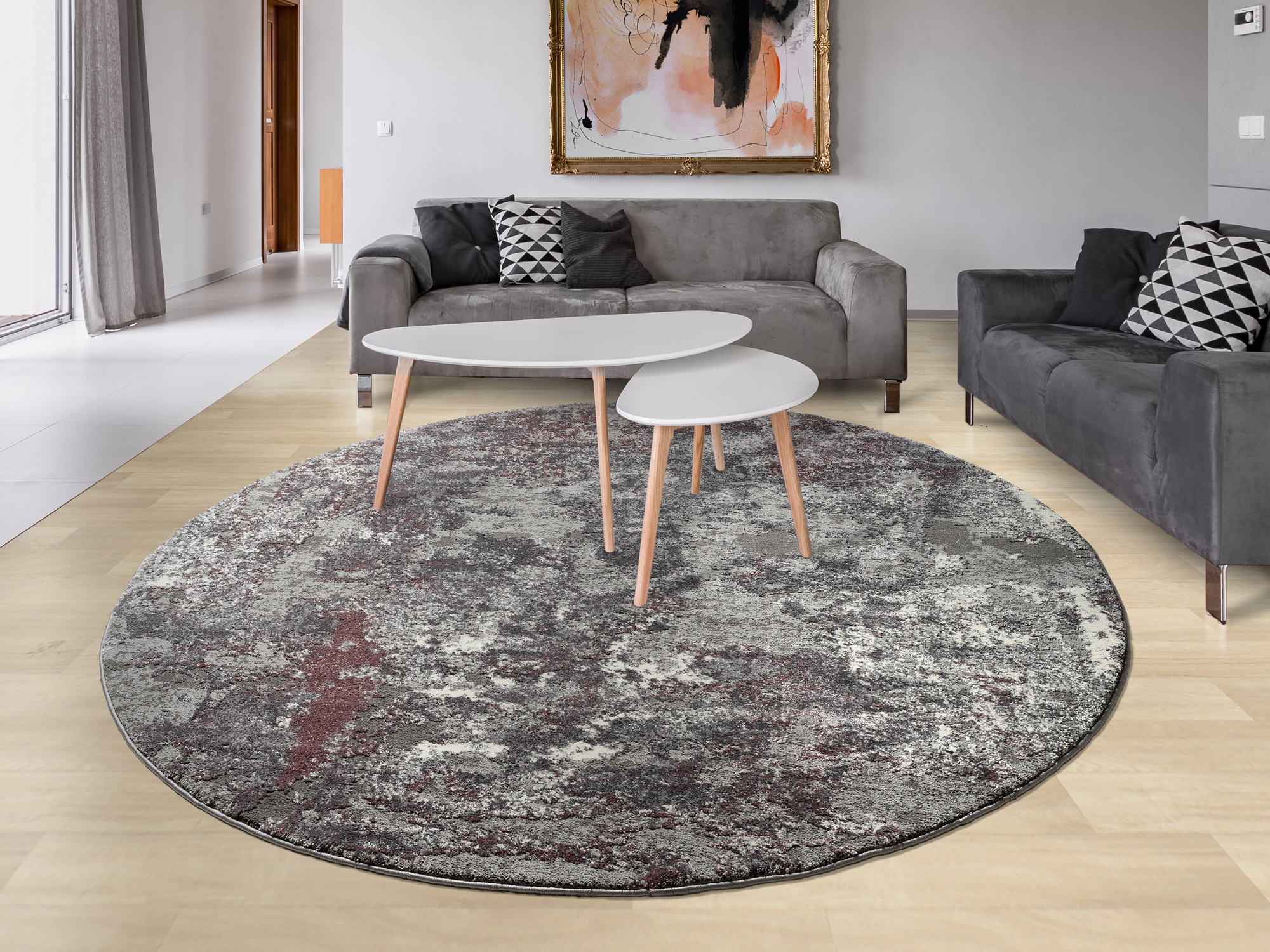runder Teppich in aubergine beige
